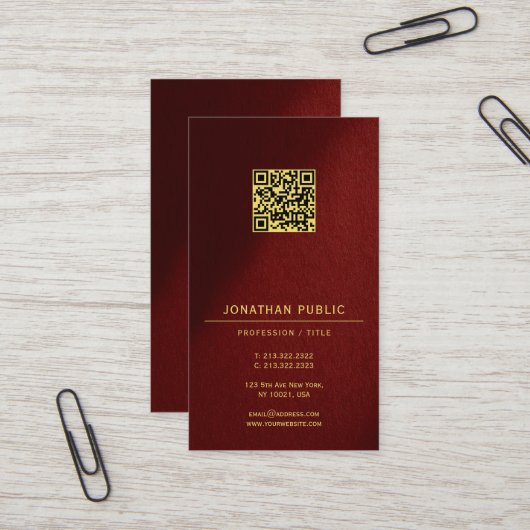 Moderne elegante QR-Code-Vorlage Goldtext vertikal Visitenkarte (Vorderseite/Rückseite Beispiel)
