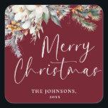 Moderne Elegante Red Christmas Custom Botanical Quadratischer Aufkleber<br><div class="desc">Lassen Sie sich mit diesen eleganten, dunkelgrünen Weihnachtsaufklebern von Ihren Urlaubsgeschenken abheben. Sie sind mit minimalistischer Eleganz und moderner Typografie gestaltet und eignen sich perfekt für eine stilvolle, persönliche Touch. Einfaches Anpassen mit Ihrem eigenen Foto und Familiennamen für einen trendigen und einzigartigen Weg, um Merry und Bright fröhlich in dieser...</div>