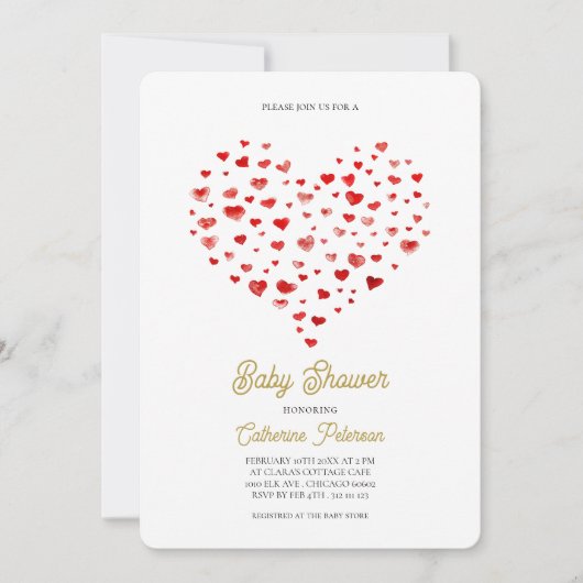 Moderne elegante Red Hearts Baby Dusche Einladung (Vorderseite)