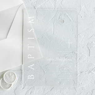 Moderne elegante, religiös-kreuz-weiße Taufe Acryleinladungen