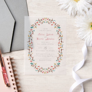 Moderne Elegante Romantische Florale Kranz Hochzei Pergament Einladungen