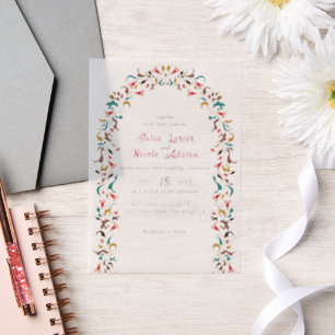 Moderne Elegante Romantische Florale Kranz Hochzei Pergament Einladungen