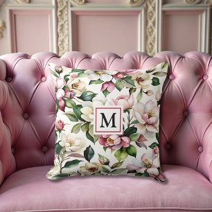 moderne, elegante rosa Blume Mit Monogramm feminin Kissen