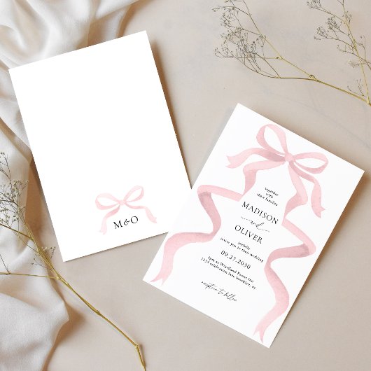 Moderne elegante Rosa-Bow-Monogramm-Hochzeit Einladung