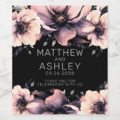 Moderne elegante Rosa Schwarze Blütenhochzeit Weinetikett (Einzelnes Label)