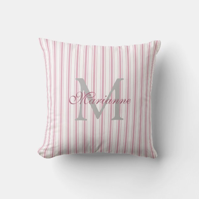 Moderne, elegante rosa Streifen Name Monogram Kissen (Vorderseite)