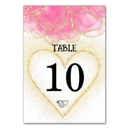 Moderne, elegante Rosa- und Goldherz-Hochzeit Tischnummer