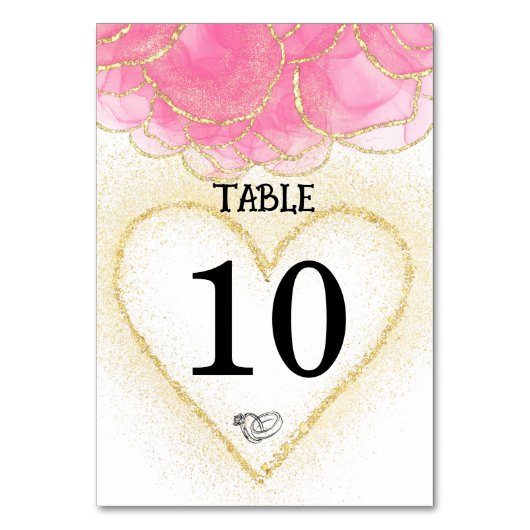 Moderne, elegante Rosa- und Goldherz-Hochzeit Tischnummer (Vorderseite)