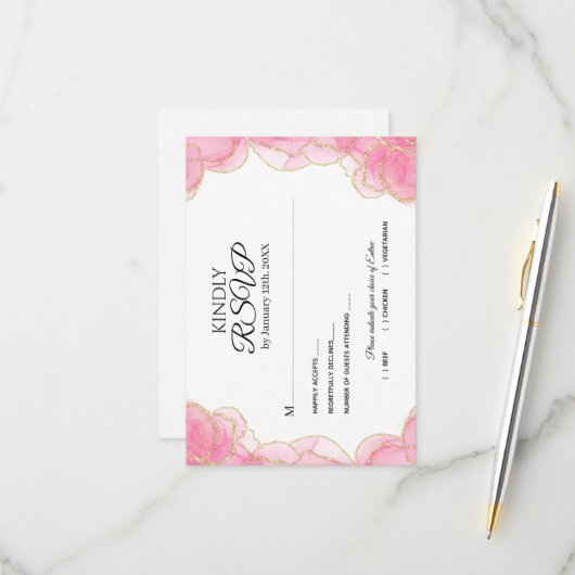 Moderne, elegante Rosa- und Goldhochzeit RSVP Karte (Vorderseite/Rückseite Beispiel)