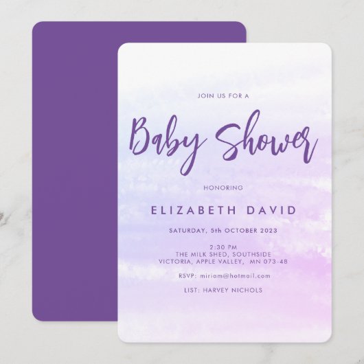 Moderne elegante Rosa- und Lila Babydusche Einladung (Vorne/Hinten)