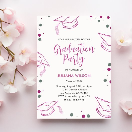 Moderne elegante rosa und silberne Graduierungspar Einladung