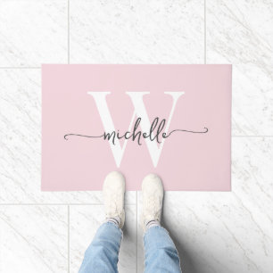 Moderne elegante rosafarbene Monogramm-Name-Schrif Fußmatte