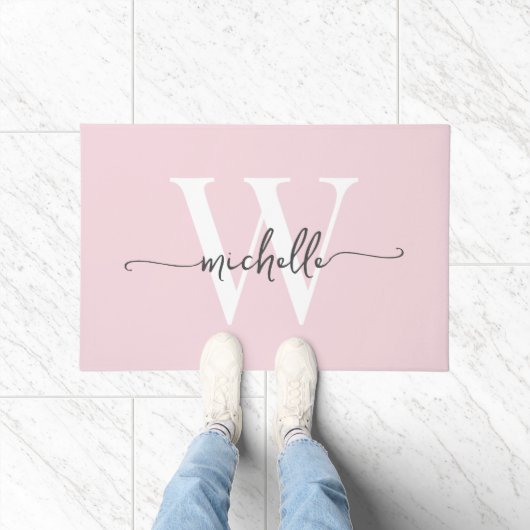 Moderne elegante rosafarbene Monogramm-Name-Schrif Fußmatte (Indoor)
