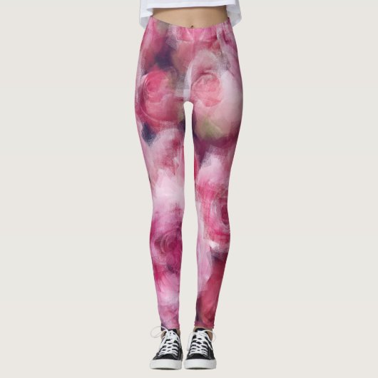 Moderne elegante rosafarbene Rote Rosen Blumenchic Leggings (Vorderseite)