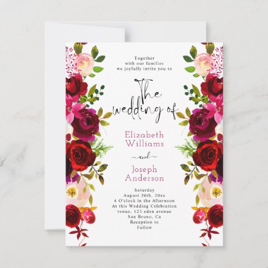 Moderne, elegante Rose aus Burgund, Blumen, rosa H Einladung (Vorderseite)