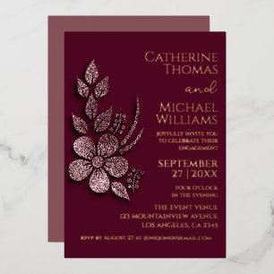 Moderne elegante Rose Gold Glitter Blumen & Burgun Folieneinladung