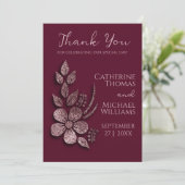 Moderne Elegante Rose Gold Glitzer Blumen & Burgun Dankeskarte (Stehend Vorderseite)
