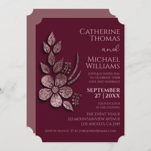 Moderne Elegante Rose Gold Glitzer Blumen & Burgun Einladung (Vorne/Hinten)