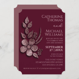 Moderne Elegante Rose Gold Glitzer Blumen & Burgun Einladung