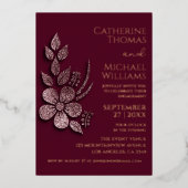 Moderne Elegante Rose Gold Glitzer Blumen & Burgun Folieneinladung (Vorderseite)