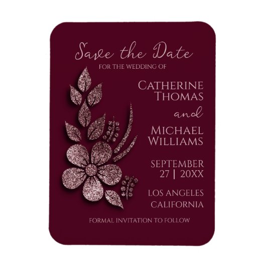 Moderne Elegante Rose Gold Glitzer Blumen & Burgun Magnet (Vertikal)