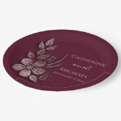 Moderne Elegante Rose Gold Glitzer Blumen & Burgun Pappteller (Schrägansicht)