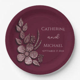 Moderne Elegante Rose Gold Glitzer Blumen & Burgun Pappteller