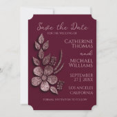 Moderne Elegante Rose Gold Glitzer Blumen & Burgun Save The Date (Vorderseite)