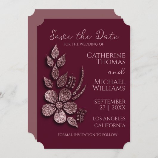 Moderne Elegante Rose Gold Glitzer Blumen & Burgun Save The Date (Vorne/Hinten)