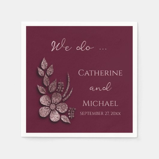 Moderne Elegante Rose Gold Glitzer Blumen & Burgun Serviette (Vorderseite)