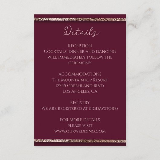 Moderne Elegante Rose Gold Glitzer & Burgund Begleitkarte (Vorderseite)