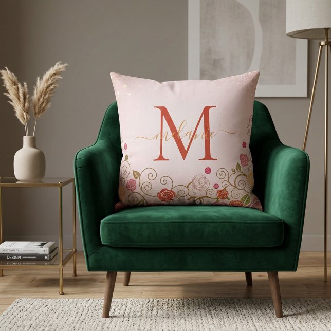 Moderne elegante Rose Gold Glitzer Monogram Script Kissen (Von Creator hochgeladen)