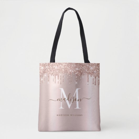 Moderne elegante Rose Gold Glitzer Monogram Script Tasche (Vorderseite)