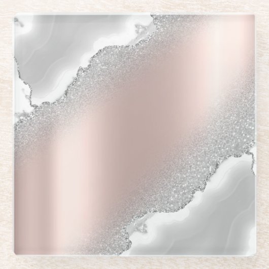 Moderne Elegante Rose Gold Glitzer Silbermarmor Glasuntersetzer (Vorderseite)