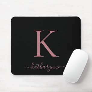Moderne Elegante Rose Gold Monogram Script Black Mousepad