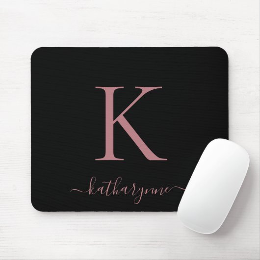 Moderne Elegante Rose Gold Monogram Script Black Mousepad (Mit Mouse)