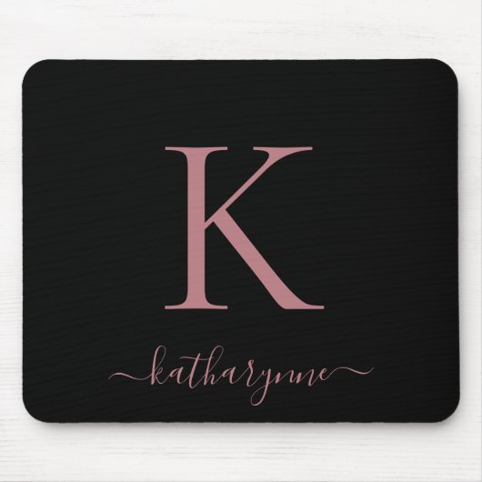 Moderne Elegante Rose Gold Monogram Script Black Mousepad (Vorne)