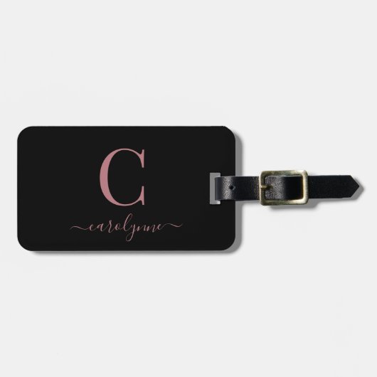 Moderne elegante Rose Gold Monogram Script Gepäckanhänger (Vorderseite horizontal)