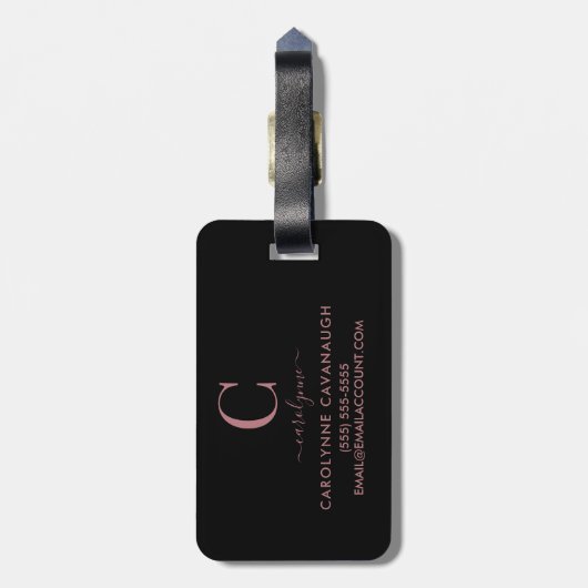 Moderne elegante Rose Gold Monogram Script Gepäckanhänger (Rückseite vertikal)