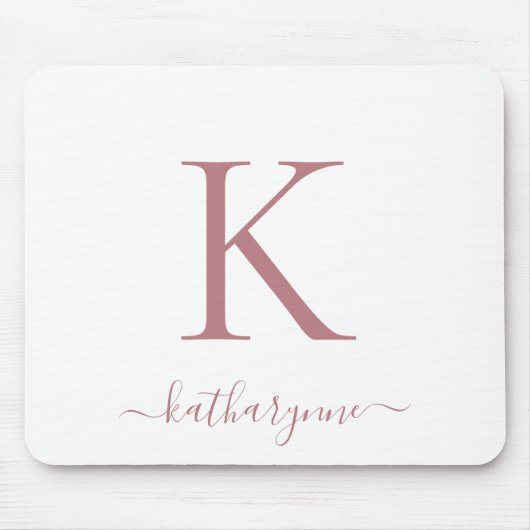 Moderne elegante Rose Gold Monogram Script weiß Mousepad (Vorne)