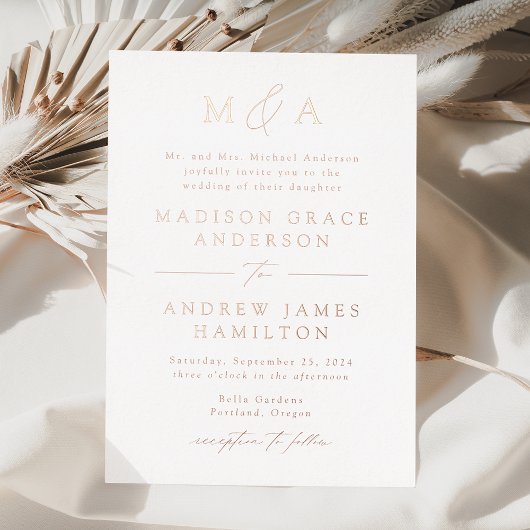 Moderne, elegante Rose Gold Monogram Wedding Folieneinladung