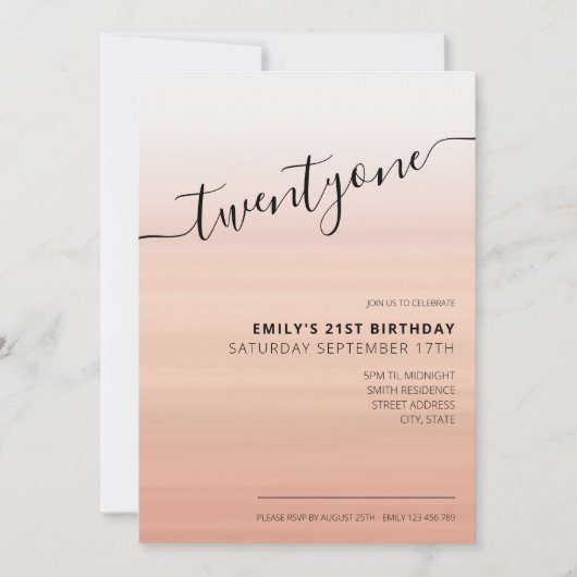 Moderne elegante Rose Gold Script 21. Geburtstag Einladung (Vorderseite)