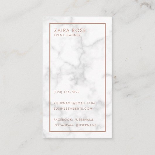 Moderne elegante Rose Gold Script Marble Visitenkarte (Vorderseite)