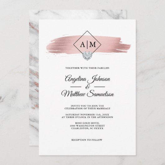Moderne elegante Rose Goldene Marmorhochzeit Einladung (Vorne/Hinten)