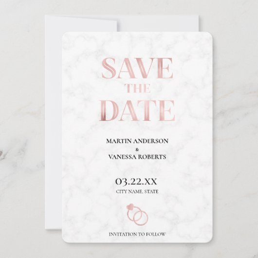 Moderne elegante Rose Goldene Marmorhochzeiten Save The Date (Vorderseite)