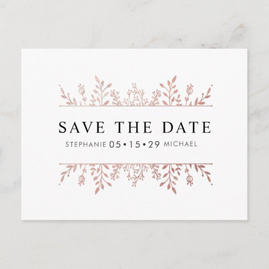 Moderne Elegante Rose Goldener Chic Save the Date Ankündigungspostkarte (Vorderseite)