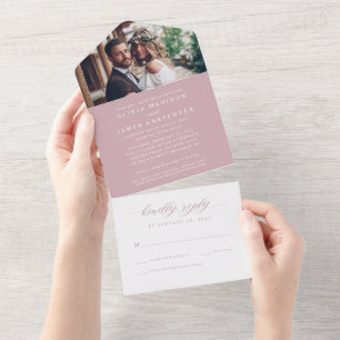 Moderne elegante roségraue Hochzeit mit Foto-RSVP All In One Einladung