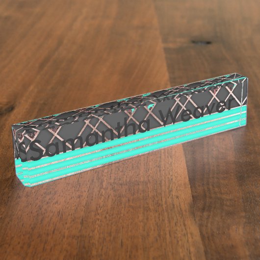 Moderne elegante Rosen-Golddreiecke und aquamarine Namensplakette (Seite)