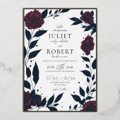 Moderne Elegante Rote Rose Black Leaf Wedding Gold Folieneinladung (Vorderseite)