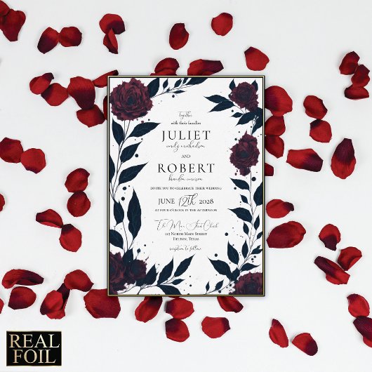 Moderne Elegante Rote Rose Black Leaf Wedding Gold Folieneinladung